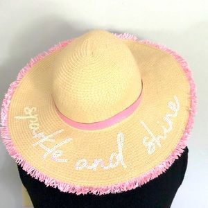 NWOT P.S. Aeropostale tan raffia sun hat with pink and white “Sparkle and Shine”